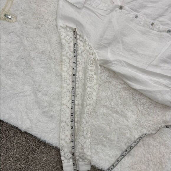 J. Jill White Linen Button Front Lace Sleeves Drawstring Waist Blouse Size M - Picture 11 of 11